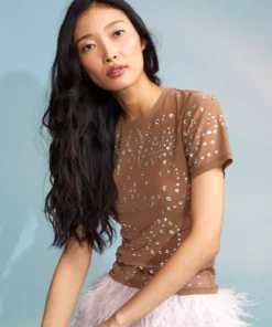 Cynthia Rowley Tops Crystal Embellished Mesh Baby Tee