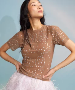 Cynthia Rowley Tops Crystal Embellished Mesh Baby Tee 6 Cynthia Rowley Tops Crystal Embellished Mesh Baby Tee