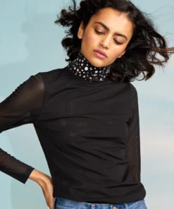 Cynthia Rowley Tops Crystal Embellished Turtleneck