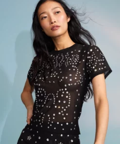 Cynthia Rowley Crystal Embellished Mesh Baby Tee Tops