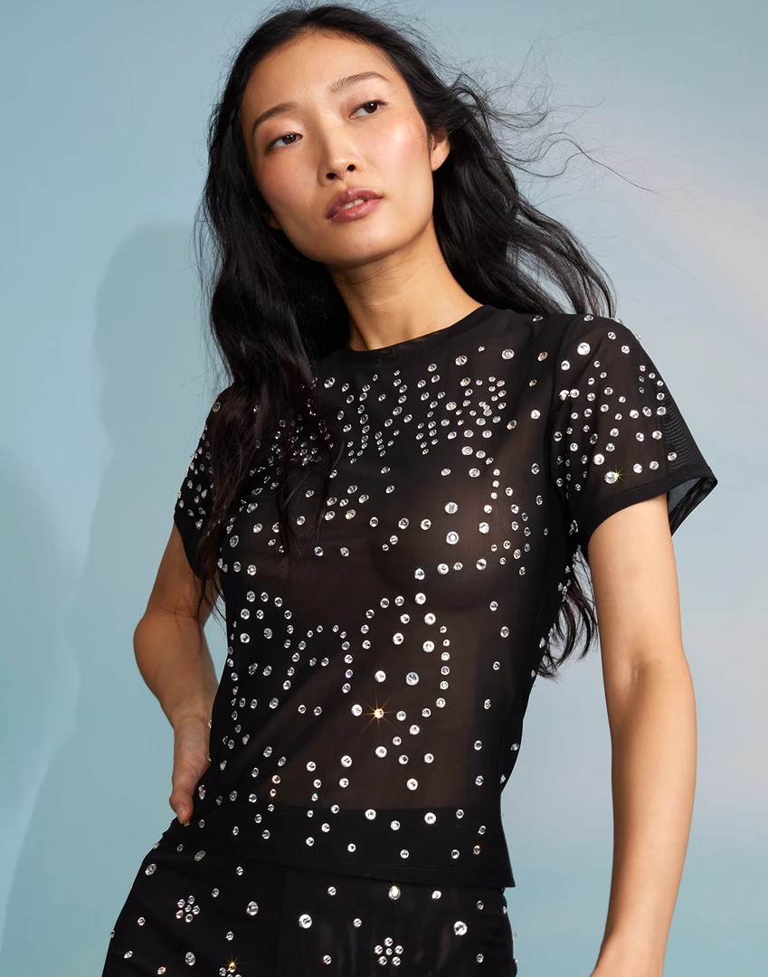 Cynthia Rowley Crystal Embellished Mesh Baby Tee Tops 2 Cynthia Rowley Crystal Embellished Mesh Baby Tee Tops