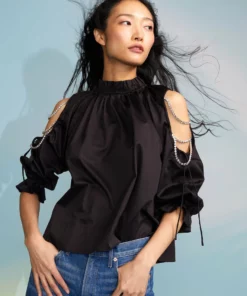 Cynthia Rowley Cold Shoulder Cotton Blouse Tops