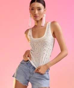 Cynthia Rowley Crystal Embellished Mesh Tank Top Tops