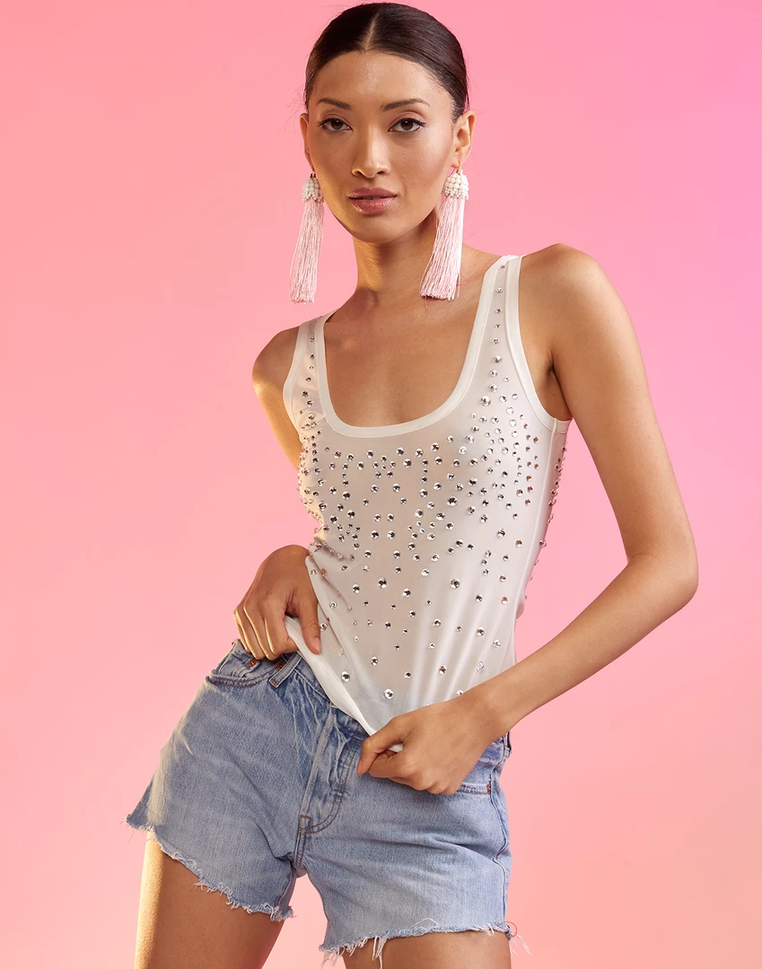 Cynthia Rowley Crystal Embellished Mesh Tank Top Tops 1 Cynthia Rowley Crystal Embellished Mesh Tank Top Tops