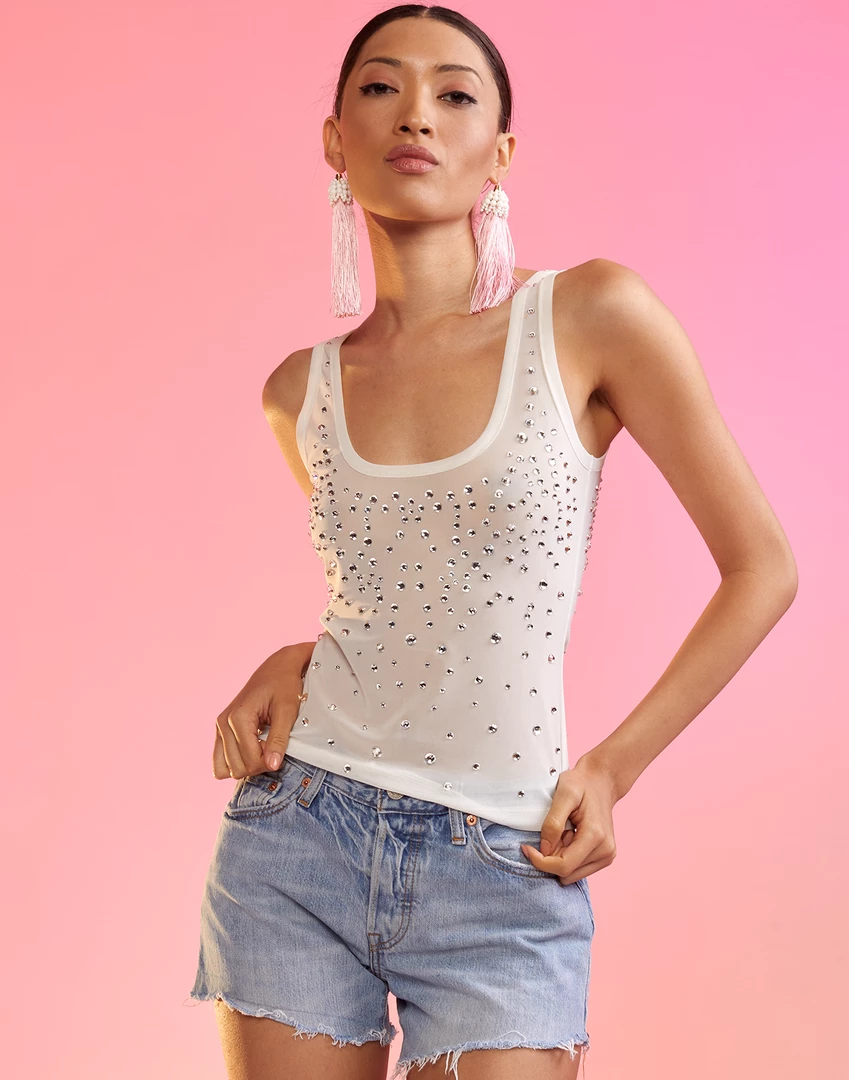 Cynthia Rowley Crystal Embellished Mesh Tank Top Tops 2 Cynthia Rowley Crystal Embellished Mesh Tank Top Tops
